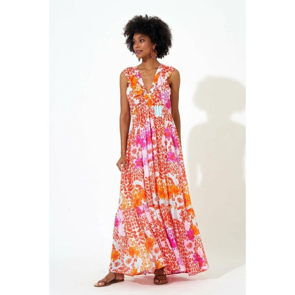 NWT Oliphant Silk Ruffle Maxi Dress XS Orange Pink Coastal Barbiecore Tropical